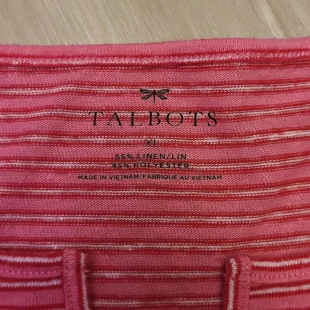 Talbots Pink Striped Short Sleeve Womens Linen Tee Size XL - Picture 2 of 6